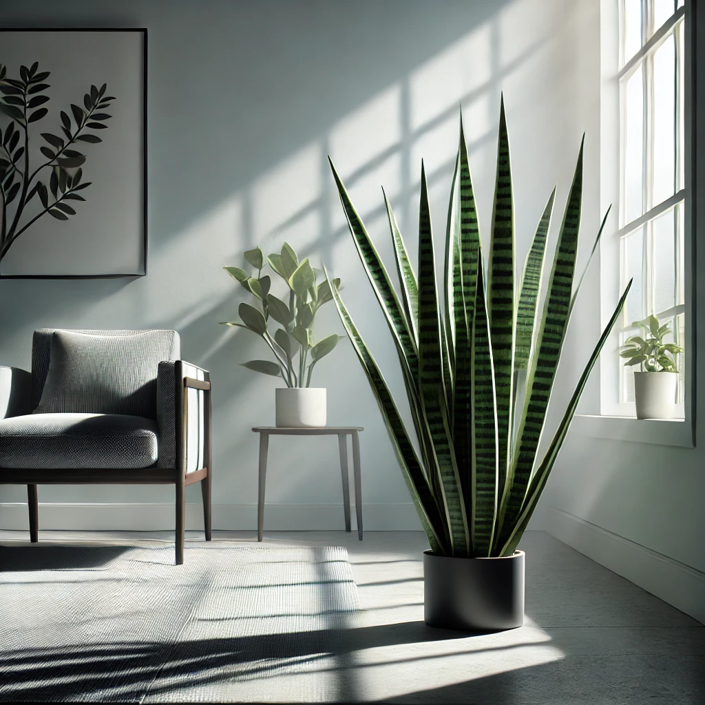The Complete Guide Care for Black Coral Snake Plant 2 DALL·E 2024 12 16 21.26.37 An indoor setting featuring a Black Coral Snake Plant Sansevieria placed near a window with soft indirect sunlight streaming in. The image shows th