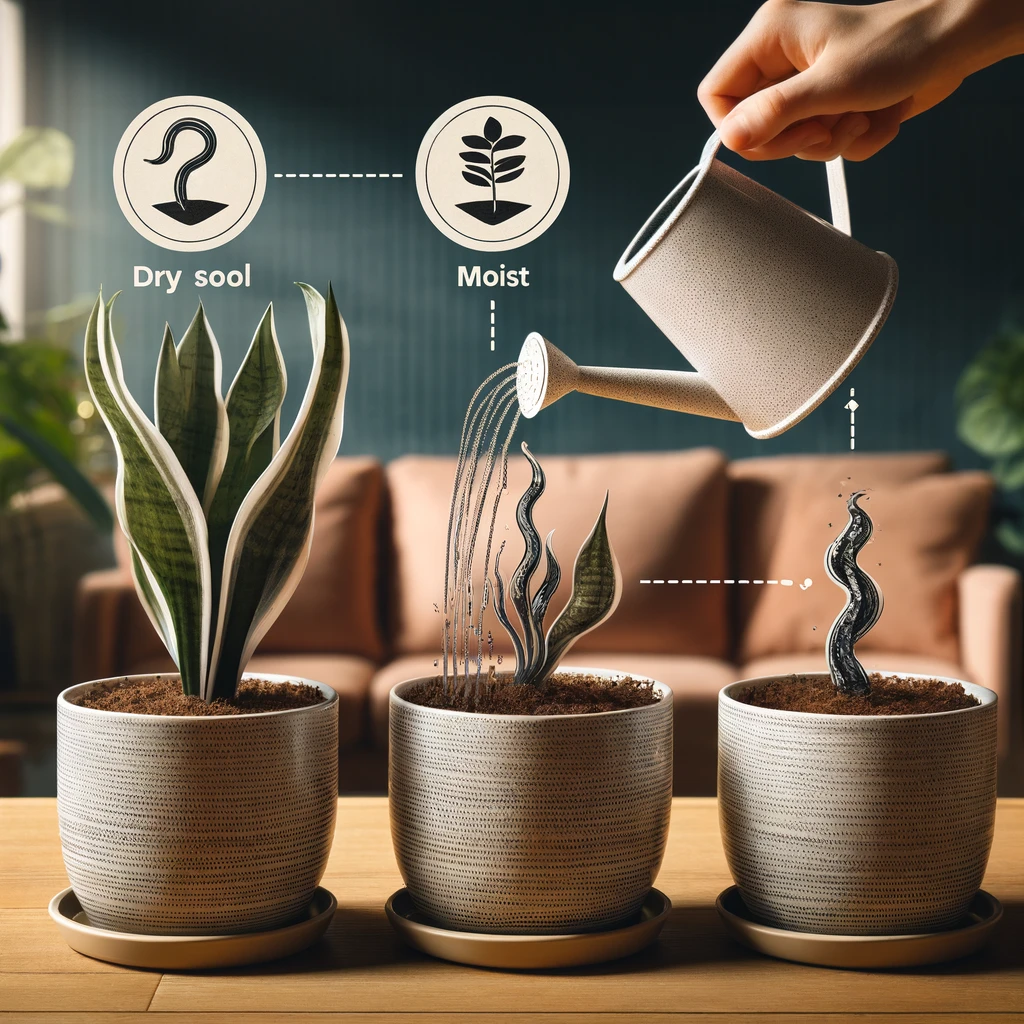 The Complete Guide Care for Black Coral Snake Plant 3 DALL·E 2024 12 16 21.27.53 A visually informative image showing three elements related to watering guidelines for the Black Coral Snake Plant 1 A close up view of a hand usin