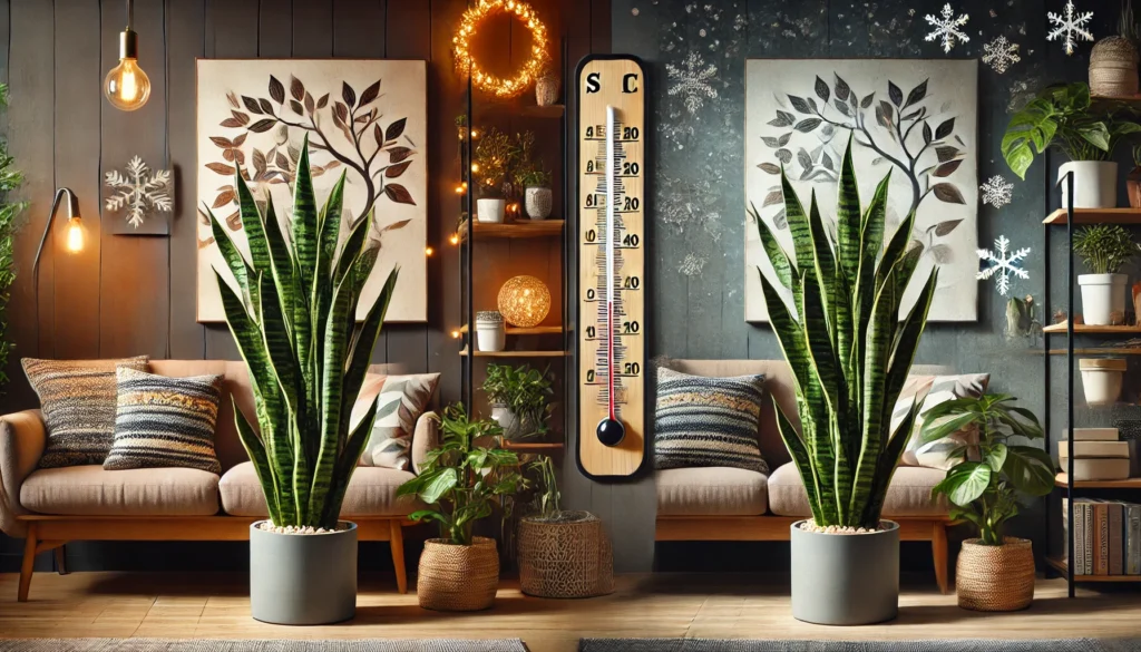 The Complete Guide Care for Black Coral Snake Plant 4 DALL·E 2024 12 16 21.29.41 A cozy indoor setting featuring a Black Coral Snake Plant with a thermometer and hygrometer placed near it to indicate ideal temperature and humidity